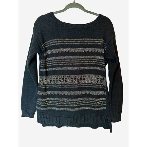 ROCK & REPUBLIC Women's Black Gold Shining Striped Retro Sweater Sz Medium - Picture 1 of 5